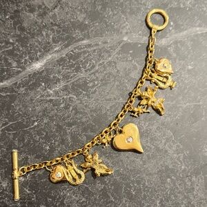 Beautiful Vintage Gold-tone Charm Bracelet with Heart and Cherub Charms